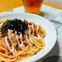 ベーコンと水菜の和風たらこパスタ|おさとうさん