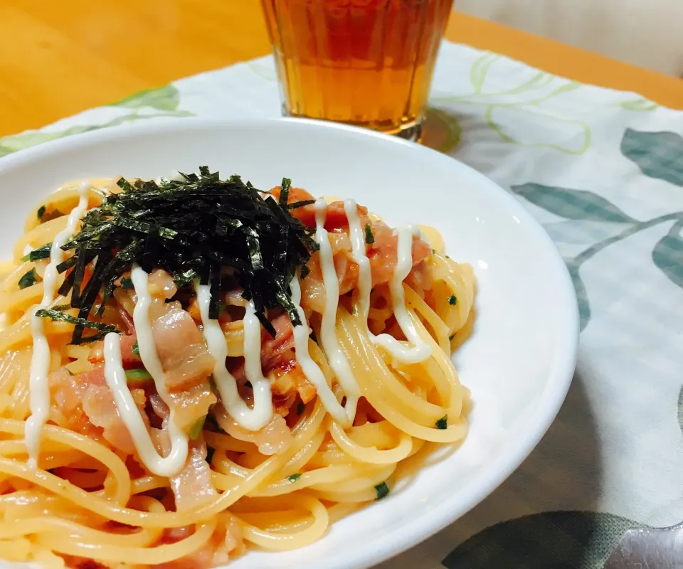 Snapdishの料理写真:ベーコンと水菜の和風たらこパスタ|おさとうさん