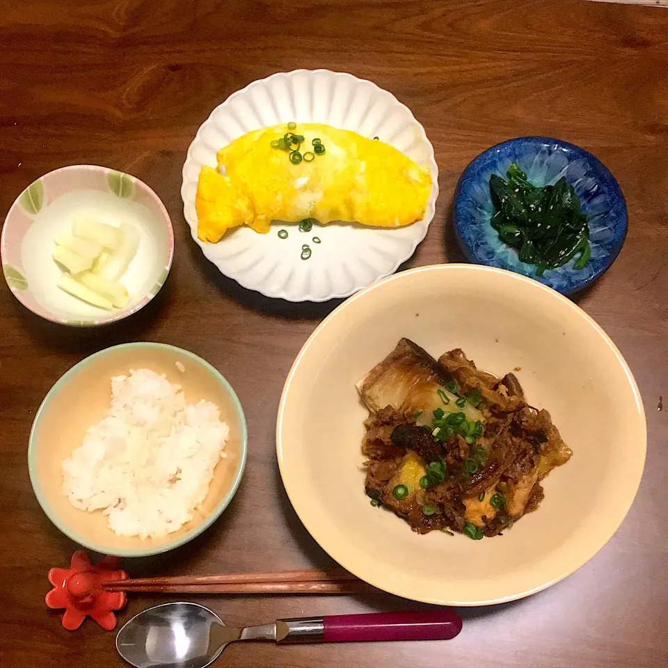 ・白菜と豚肉の蒸し煮
・納豆オムレツ
・ほうれん草のおひたし
・大根柚子|はるなさん