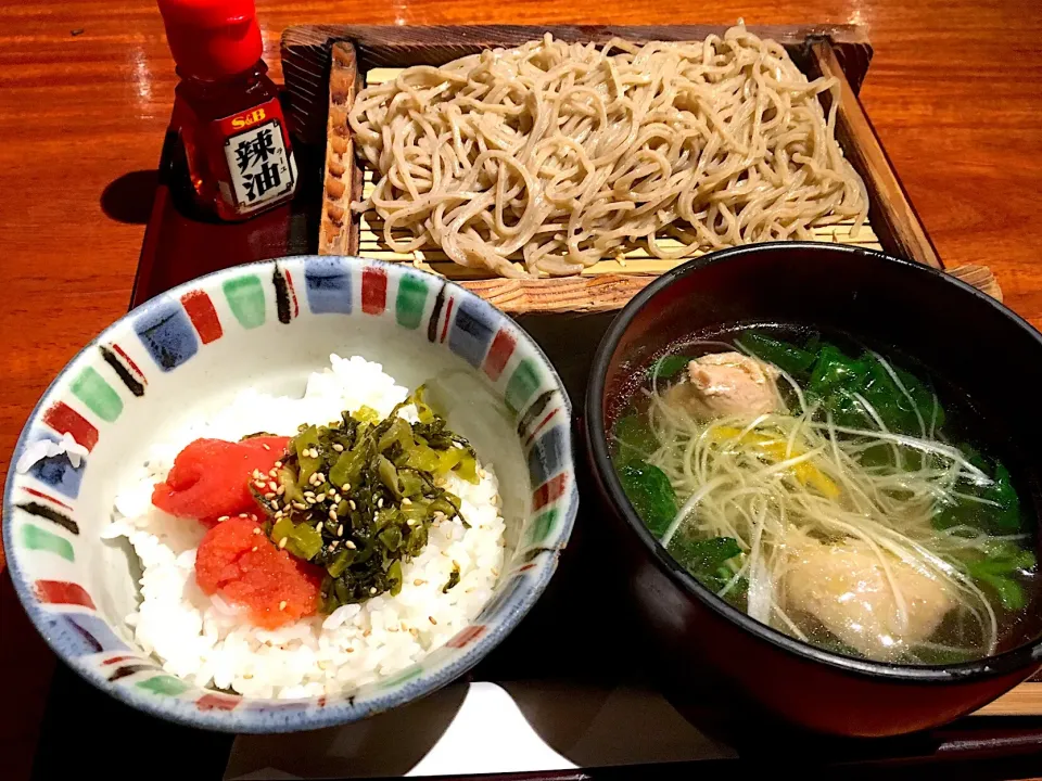 やわらか鳥ちぢみほうれん草の塩つけそば&明太高菜ごはんセット@旧月(新橋)|yoooochanさん