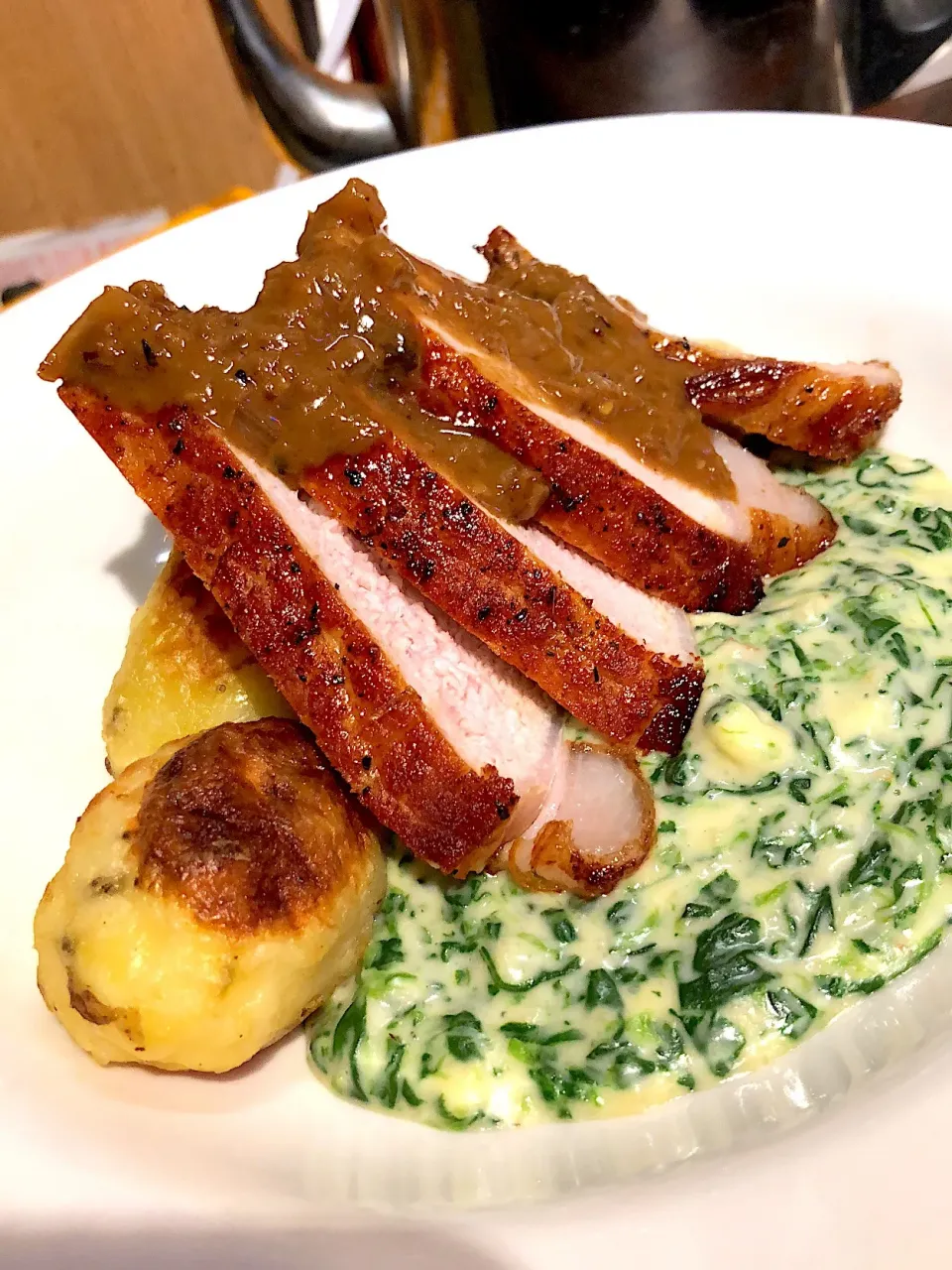 Pork chop with mustard pan sauce / roasties / creamed spinach|Chris Shannonさん