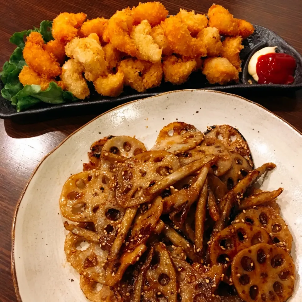 ミニエビフライ🍤🍴蓮根とゴボウの甘辛炒め|ともさん