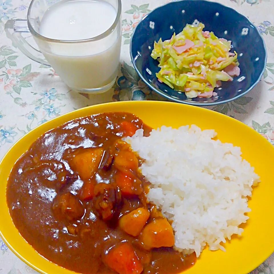 牛すじカレー🍛とキャベツとハムのマリネサラダ🍴|うたかた。さん