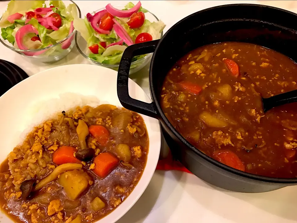 夕飯#カレーライス#ひき肉カレー#サラダ#ストウブでカレーライスを作りました^ ^|えりこ　　　      　　 2016.2.14~さん