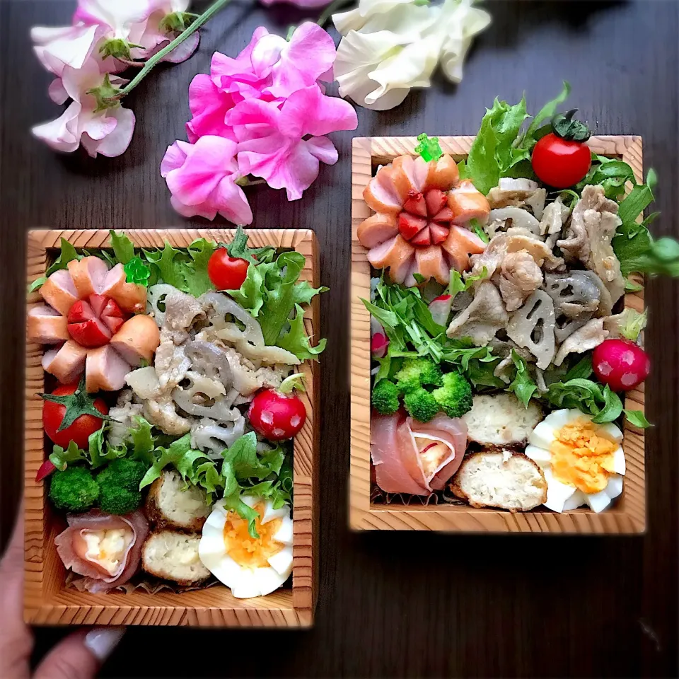 親子弁当シャキシャキれんこんの豚バラ丼に
お花ウインナー🌸|さえちゃんさん