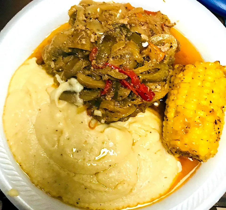 Ribeye with sauted onion peppers and mushrooms creamed potatoes and corn seasoned with  #sunshinegourmetspice&giftconcepts|christl babcockさん