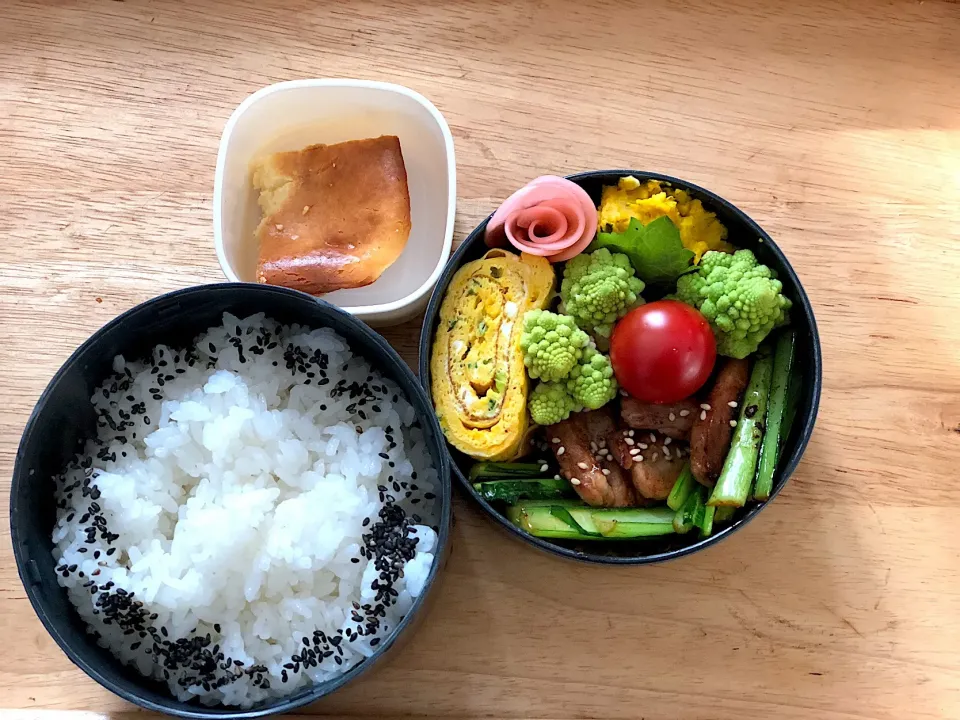 豚バラと小松菜の中華炒め 弁当。チーズケーキ付き|弁当 備忘録さん