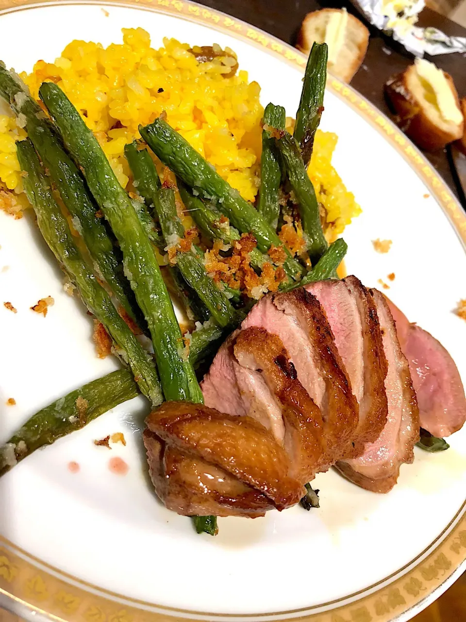 Snapdishの料理写真:Duck breast with parmesan greenbeans and saffron rice with golden raisins|Chris Shannonさん