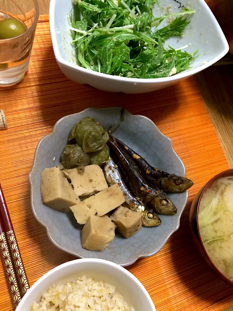 2018/03/11 イワシと高野豆腐の梅酒煮、水菜&ポテトサラダ|kykyさん