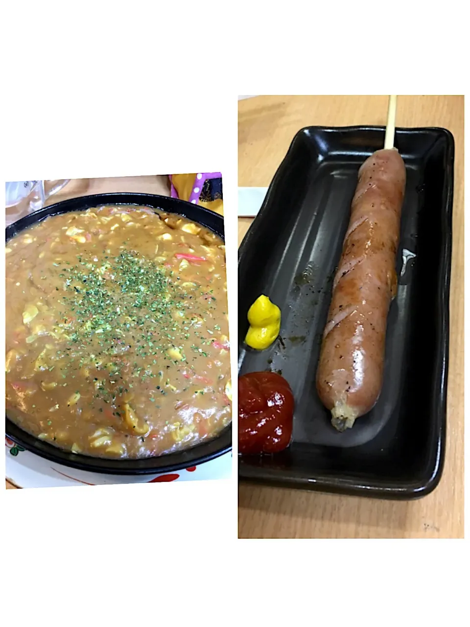 Snapdishの料理写真:カレーチーズもんじゃと白いフランクフルト|しろこ🐾໊さん