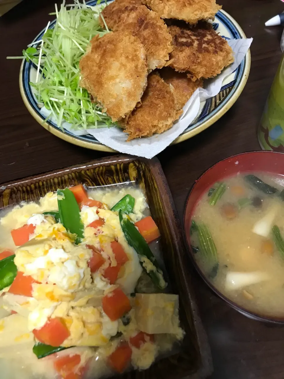 3月13日晩ご飯。とんかつ、高野豆腐の卵とじ、キノコのお味噌汁。|あやさん