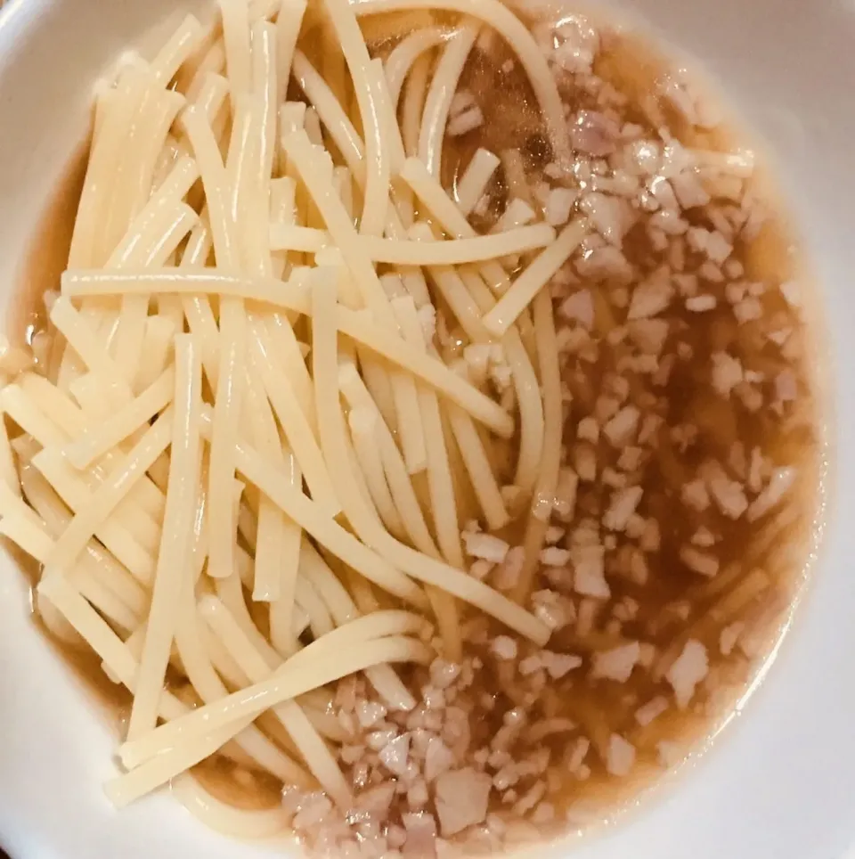 Snapdishの料理写真:母親の介護食にあんかけベーコンパスタを作り一緒に食べてみました|chibiikeさん