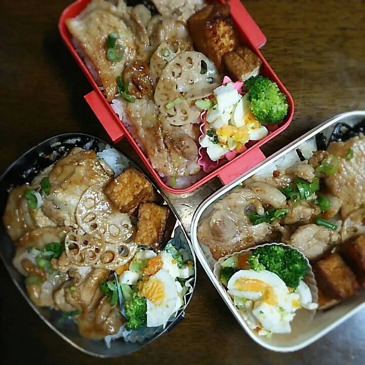 三人弁当🍱
 しょうが焼き丼
  はんぺんと卵のサラダ😃|miimiさん