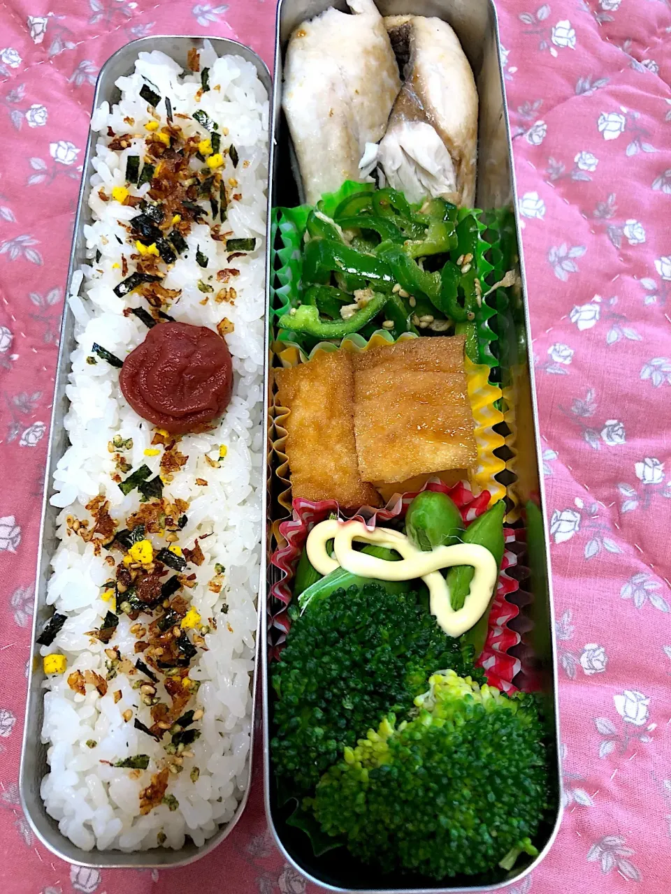 サゴシの塩焼き 無限ピーマン 厚揚げの煮物 スナップえんどう ブロッコリー🥦弁当。|Kumiko Kimuraさん