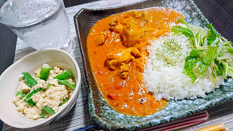 バターチキンカレー、もやしと水菜のナムル、いんげんの白和え|サトリさん