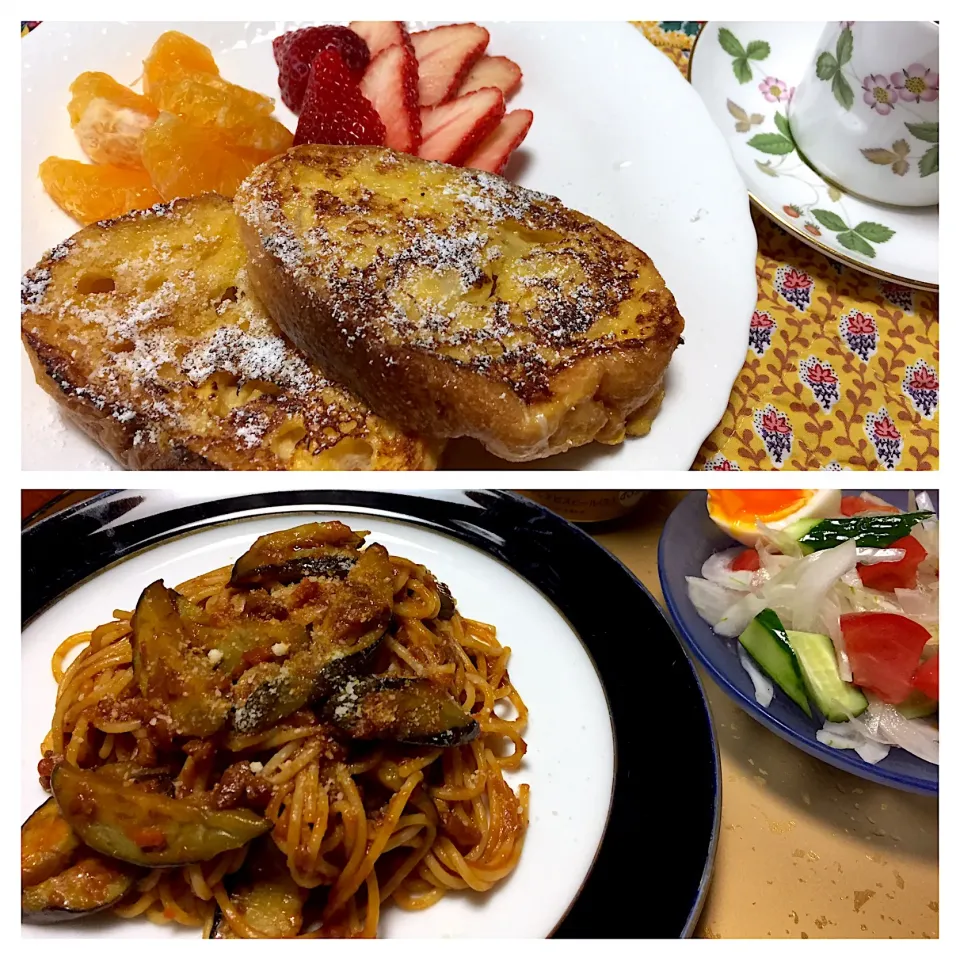 Snapdishの料理写真:朝のフレンチトースト🥖&昼のイベリコ豚のミートソースパスタ🍝|ｋｚｓｙｋさん