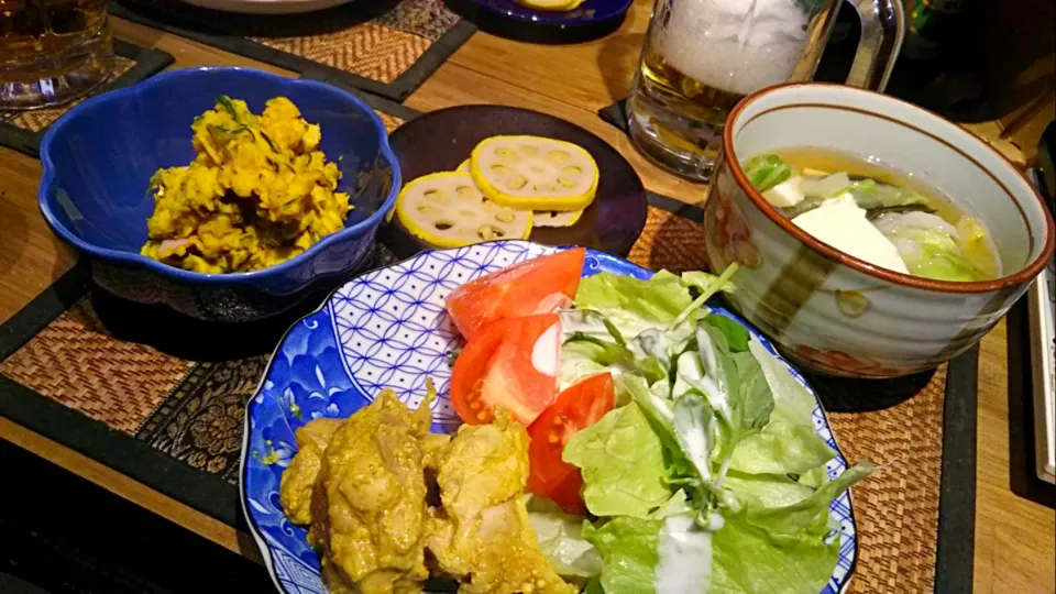 カボチャサラダ＆チキンのヨーグルト焼き＆湯豆腐＆からしれんこん|まぐろさん