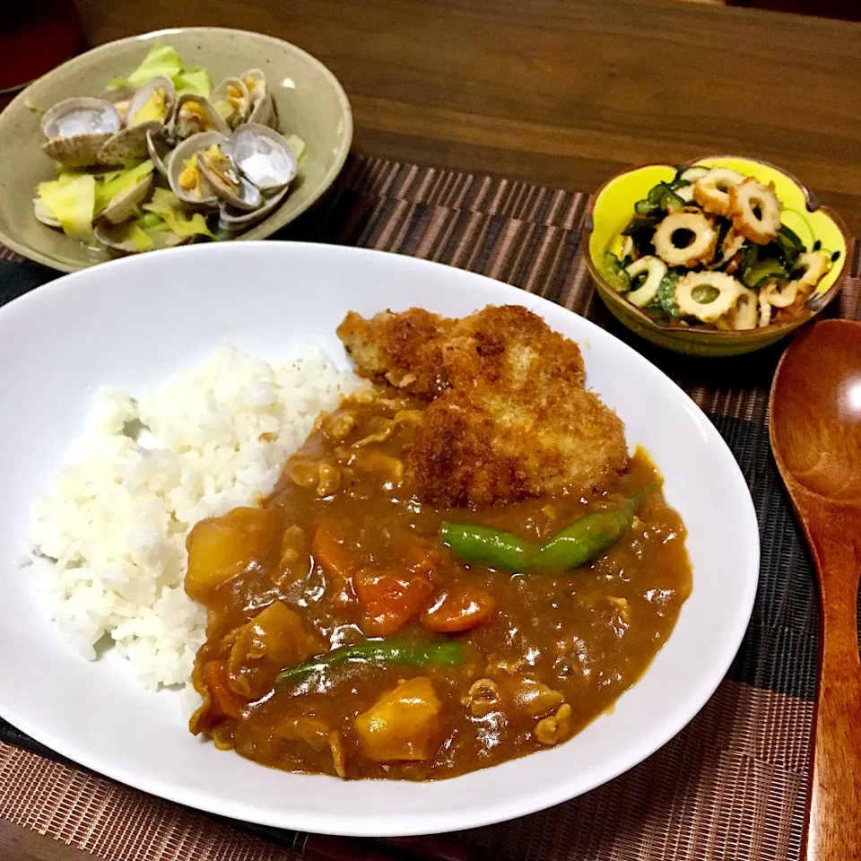 カレー、竹輪とわかめときゅうりのごま酢和え|たまさん