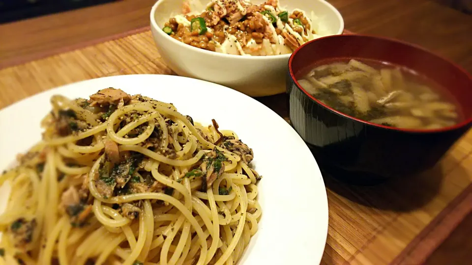 Snapdishの料理写真:ﾂﾅ梅しそ塩昆布ﾊﾟｽﾀ～
の晩ごはん✨|kaz(*･ω･)さん