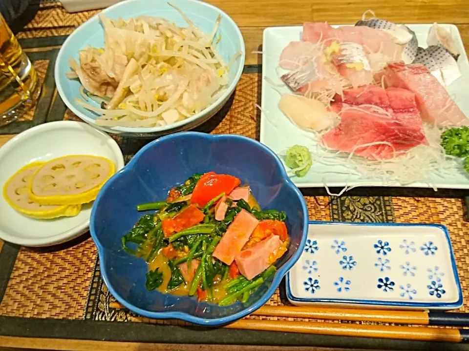 ベーコンほうれん草&刺身&からしれんこん&豚バラもやし|まぐろさん