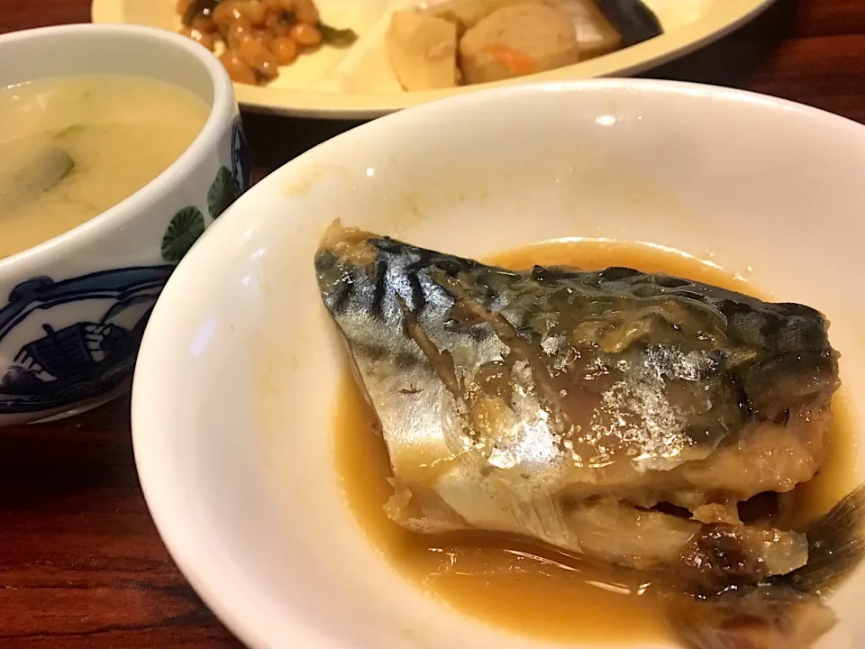 本日の賄い  晩ごはん⭐️⭐️🔆 サバの味噌煮  煮物  煮豆  山くらげ 昆布佃煮|ぽんたさん