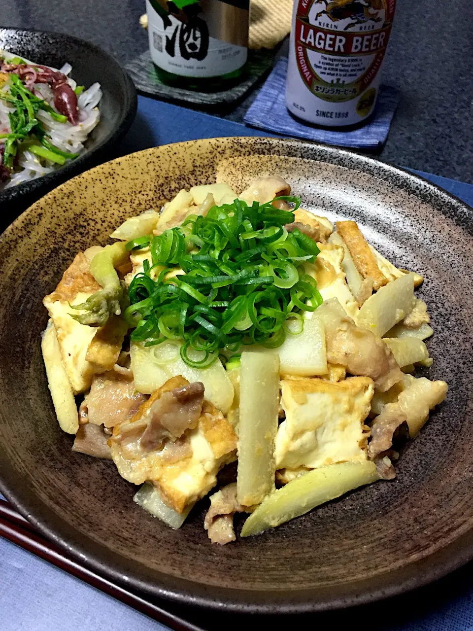 豚バラ、厚揚げ、うどのニンニク味噌炒め煮|ほっけまんさん