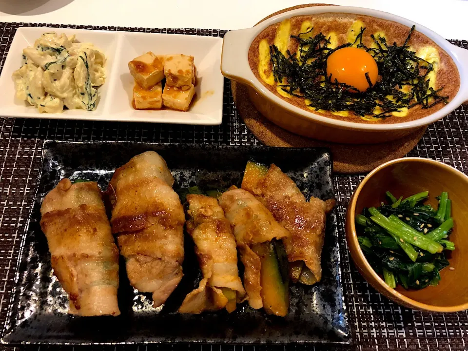 Snapdishの料理写真:#ピーマンの肉巻き #カボチャの肉巻き
 #長芋のとろろ焼き 
 #ほうれん草のナムル 
#ささみとしそのわさびマヨネーズ和え
 #クリームチーズ 
#クリームチーズのにんにく醤油漬け|ゆぺこさん