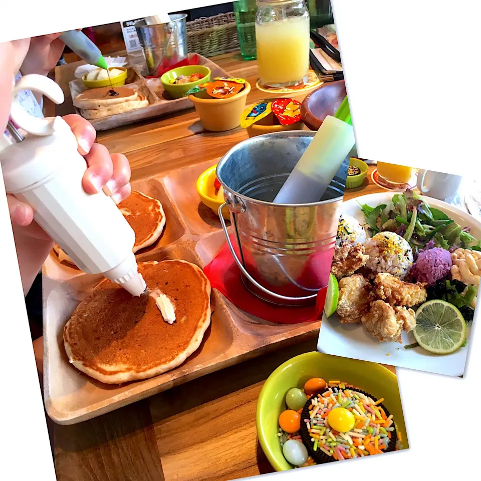 Snapdishの料理写真:お絵かきパンケーキ🥞&チキンプレート|ゆきりん。さん