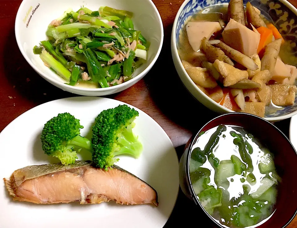 塩鮭   ブロッコリー🥦   根菜の煮物    わけぎとシーチキンの炒め物    味噌汁|掛谷節子さん