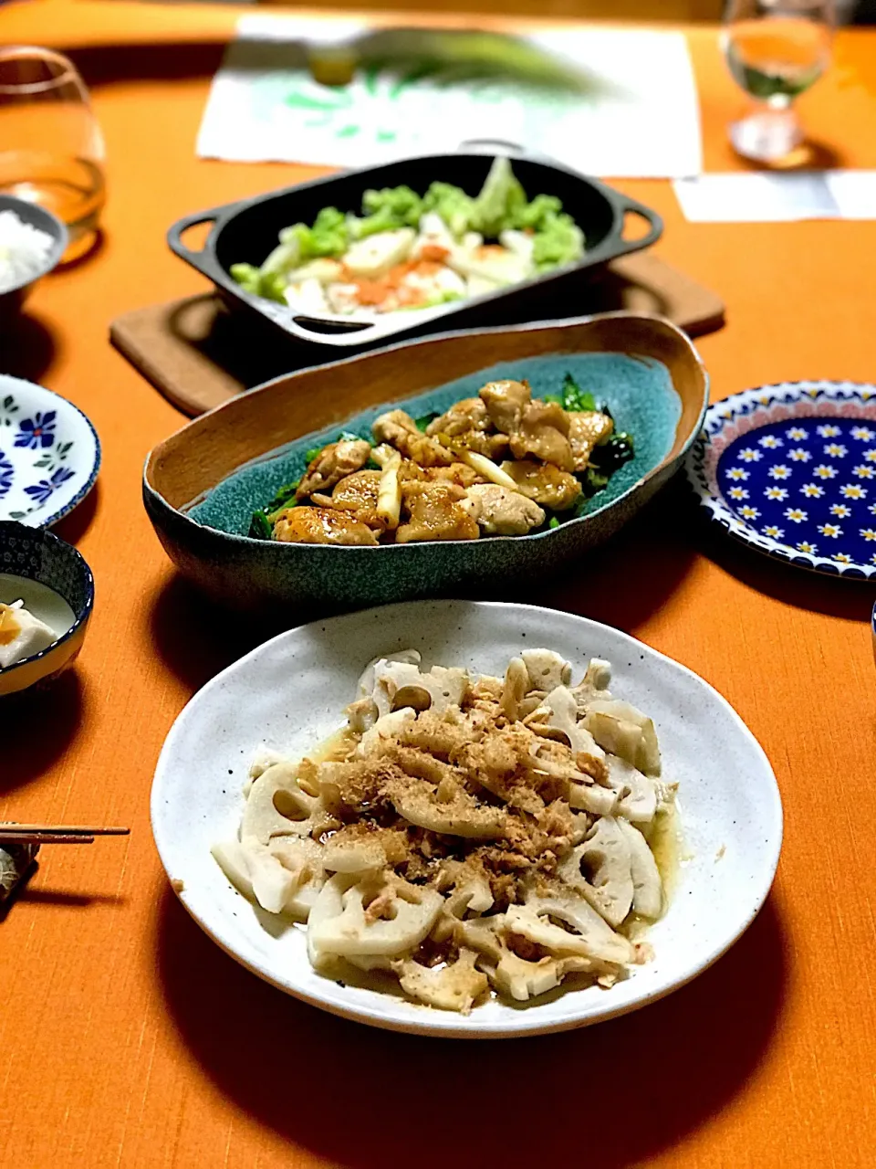 Snapdishの料理写真:鶏とろの塩レモン炒め、無限レンコン、山芋のバター焼きたらこソース|ゼニコさん