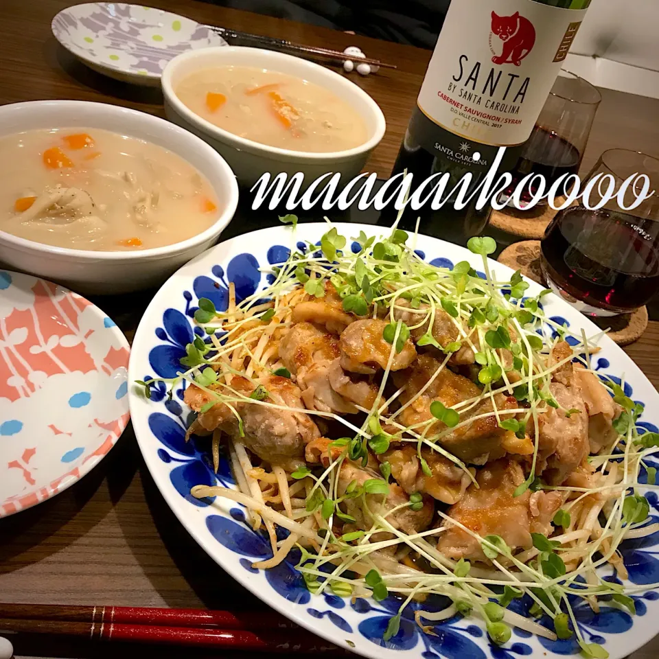 Snapdishの料理写真:チキンステーキニンニクおろしポン酢✴︎野菜ミルクスープ|マイコさん