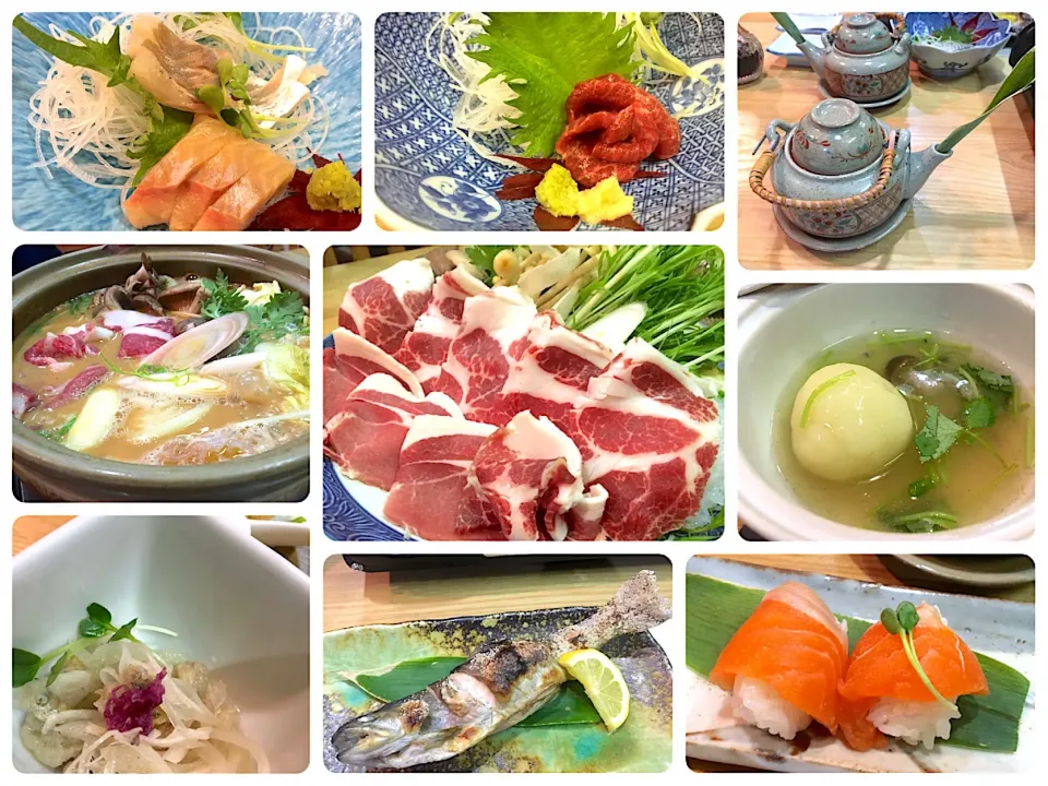 Snapdishの料理写真:晩ごはん⭐️⭐️⭐️
ぼたん鍋
岩魚ときのこの土瓶蒸し
イワナの塩焼き
馬刺し
岩魚とシナノユキマスの刺身
天ぷら 蕗の薹やらウドやら
ワカサギのマリネ
ジャガイモまんじゅう
ざるそば|ぽんたさん