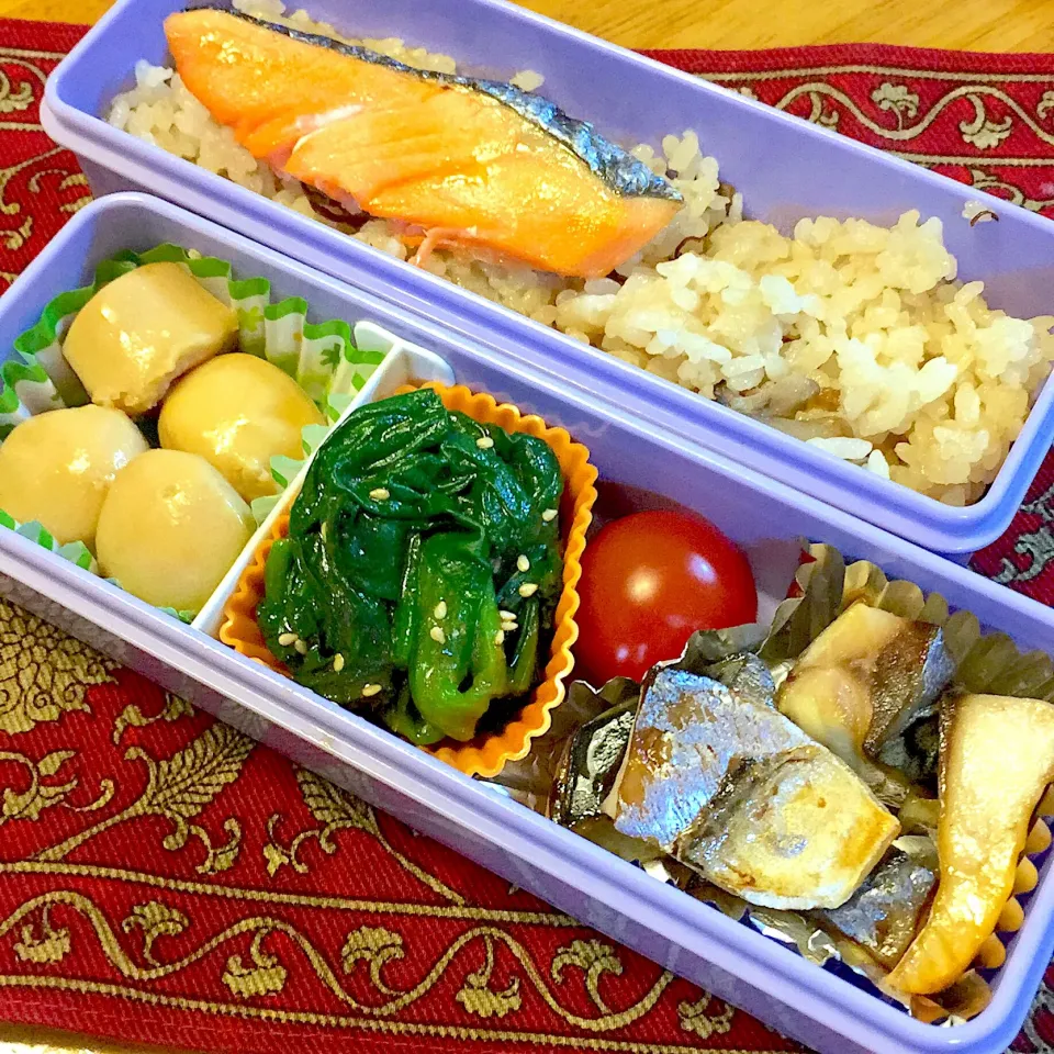 Snapdishの料理写真:塩鯖と、ほうれん草のナムルと、里芋の煮物と、焼き鮭弁当|もえさん