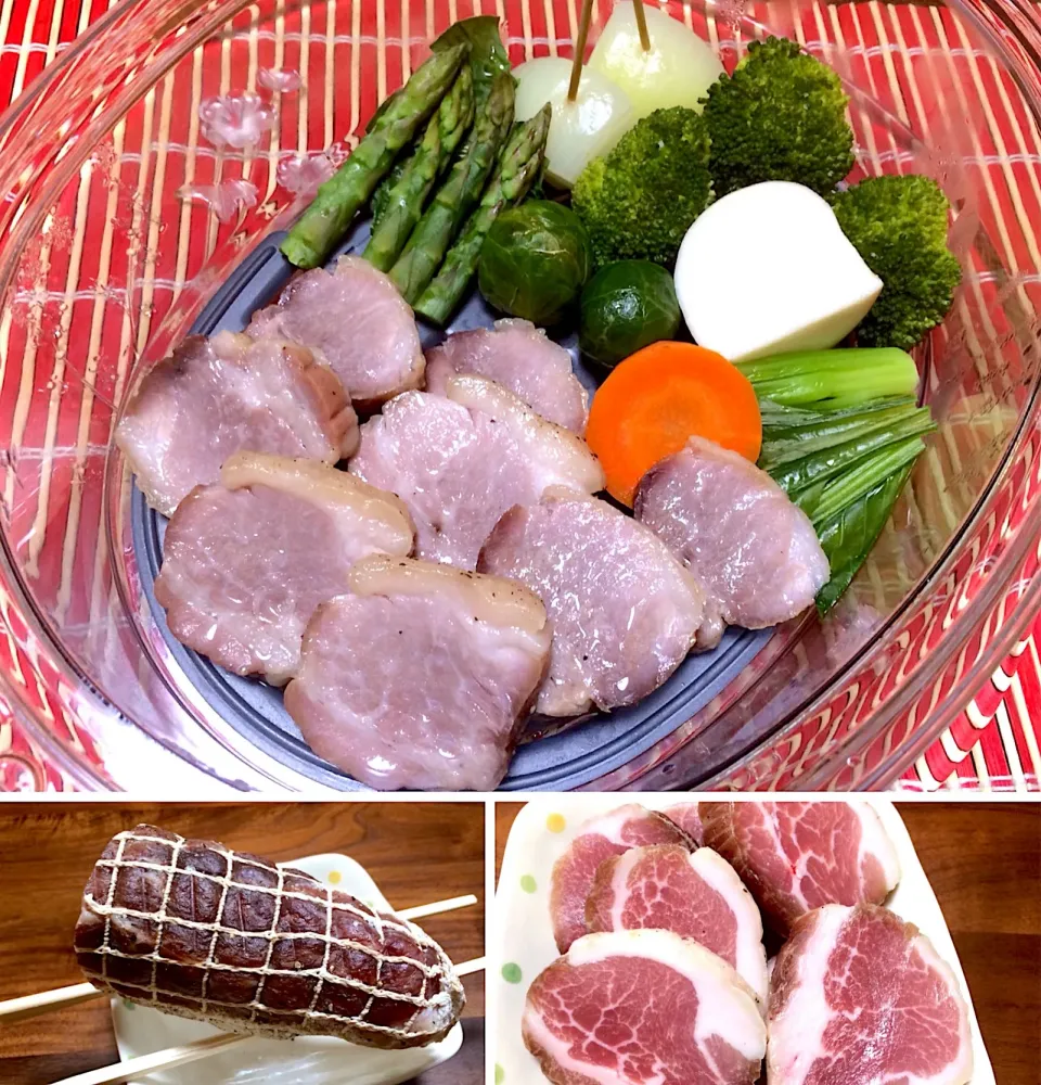 Snapdishの料理写真:塩干し豚ブロックと野菜のスチームクッカー🥩🥦🌹|ぱぴこ家さん