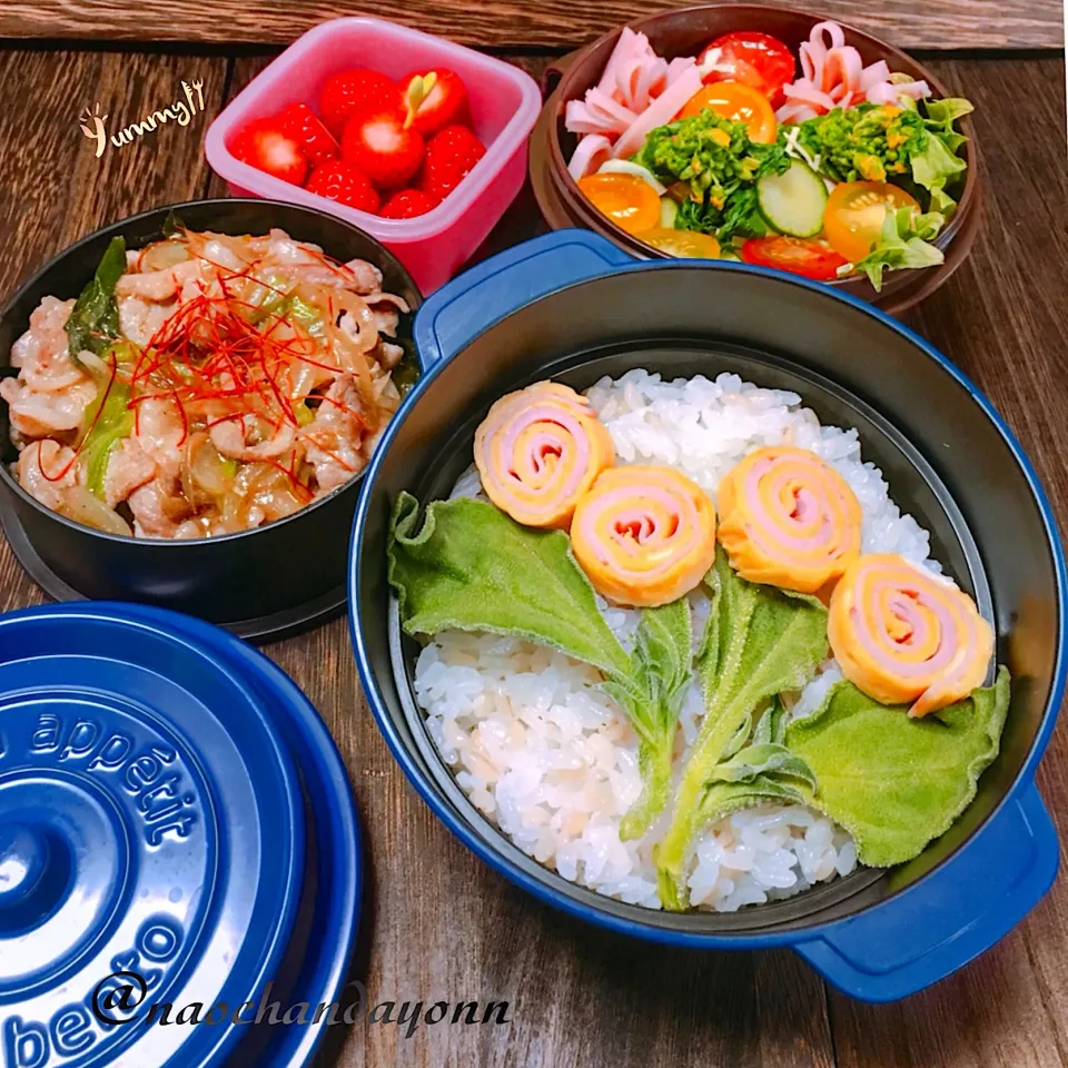 今日の塾弁お弁当🍱
塩豚丼のお弁当
ご飯の上にはお花🌼|naochandayonnさん