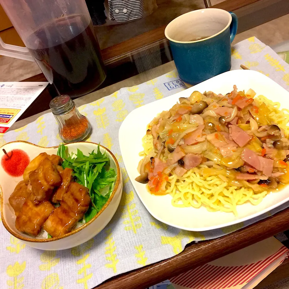 Snapdishの料理写真:3.23夕飯 あんかけそばと豚バラ丼|ピカさん