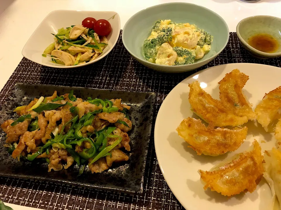 Snapdishの料理写真:#ピーマンと豚肉のネギ塩にんにく炒め
 #きゅうりとささみのナムル 
 #ブロッコリーと海老のサラダ 
 #餃子|ゆぺこさん