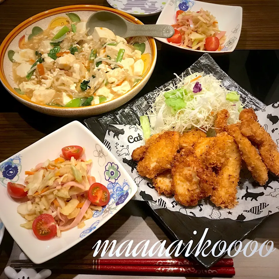 鶏胸肉のフライ✴︎豆腐と野菜の鶏そぼろ炒め煮✴︎切り干し大根とハムのサラダ|マイコさん