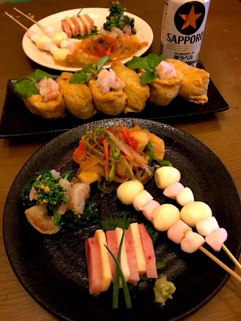 おつまみプレート
❁鶏南蛮❁菜の花と海老のおひたし❁うずらとハンペン串❁マグロと山芋のミルフィーユ❁いなり寿司|Nakaba Kobayashiさん