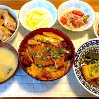 カツ丼 セロリのマリネ 揚げ出し豆腐 手羽元の甘辛煮 大根とツナのマヨポンサラダ 鶏肉のカシューナッツ炒め  味噌汁|ニーナさん