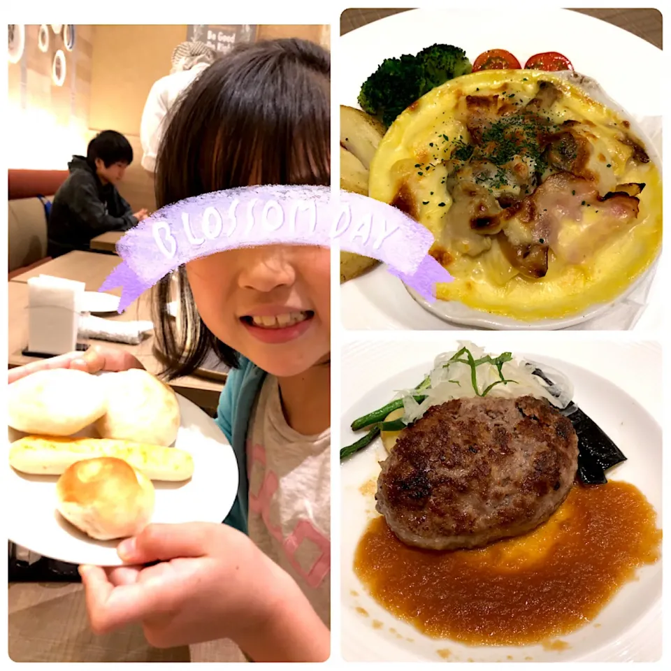 Snapdishの料理写真:ハンバーグ＆グラタン＆パン食べ放題♡2018/03/25|ちび太さん