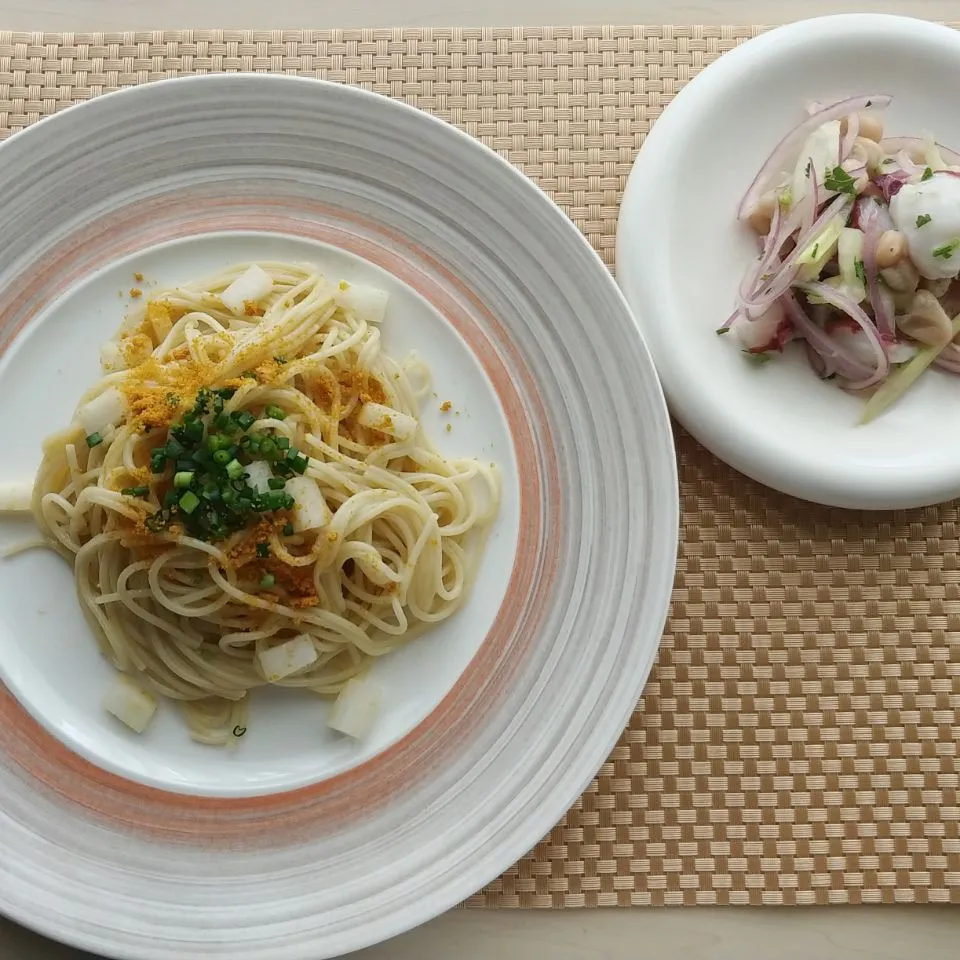 カラスミと大根の冷製パスタ、タコと白インゲン豆のサラダ　#tastytable|ゆかりキッチンさん