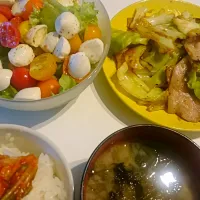 キャベツと豚肉の塩炒めとカプレーゼサラダ|Namiさん