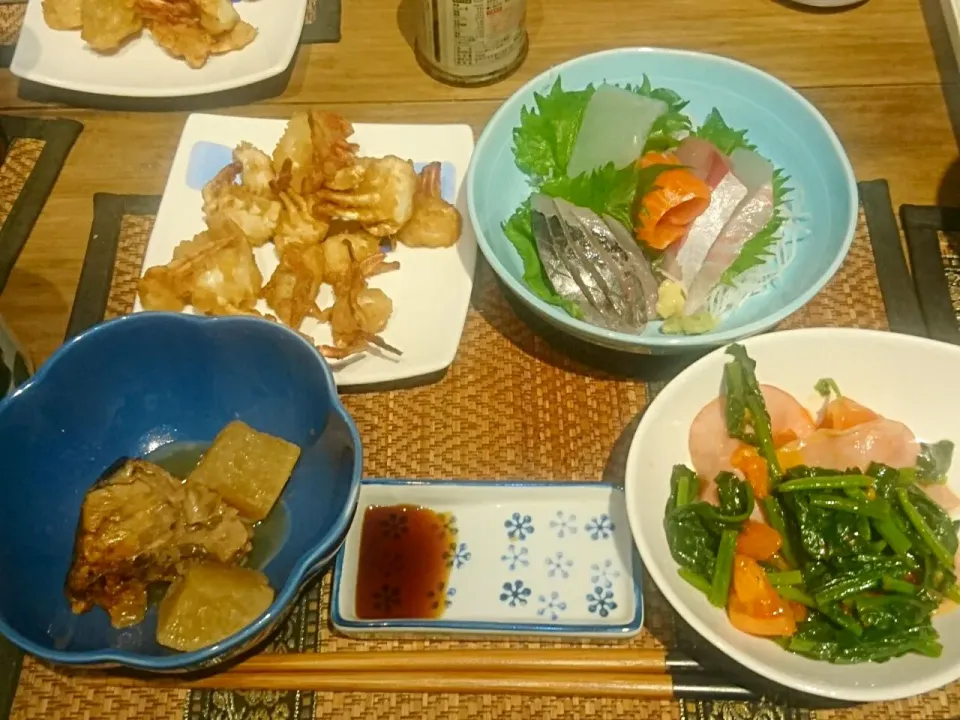 お刺身&わたりガニの唐揚げ&ハムとトマトとハムのバター炒め&ぶり大根|まぐろさん