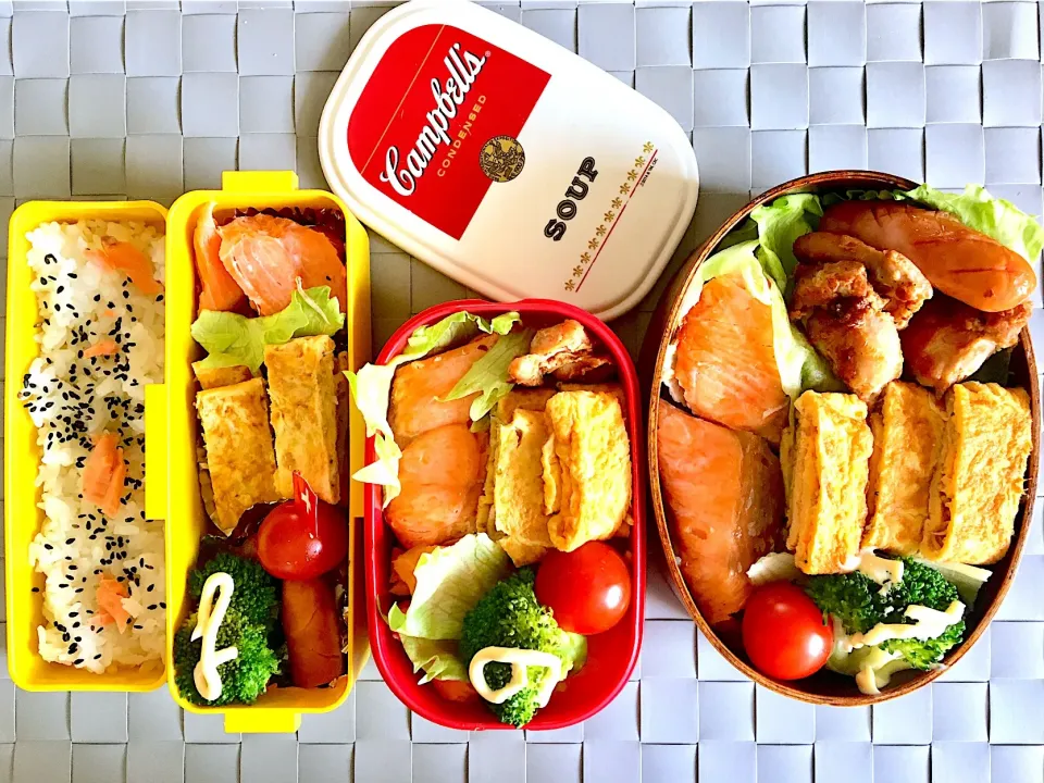 お弁当のテッパン2、鮭弁当。
 #親子弁当  #曲げわっぱ弁当  #鮭弁当 #唐揚げにする予定で漬け込み揚げずに焼いた鶏 #わたしも明日から春休み|Emi N Maruyamaさん