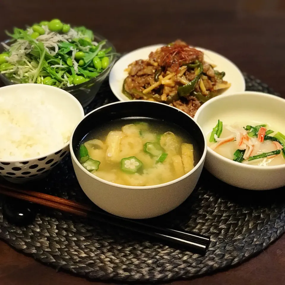 チンジャオロース、かぶのカニカマあん、水菜とオニオンスライスのサラダ、オクラと油揚げの味噌汁|恭子さん