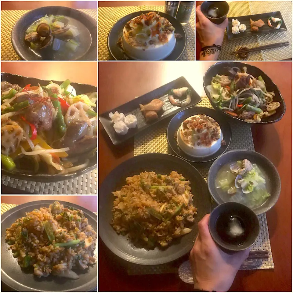 Snapdishの料理写真:Today's Chinese Dinner🍴飲茶･酸辣豆腐腦･韮菜鶏肝･泡菜炒饭･蛤蜊白菜湯|🌈Ami🍻さん