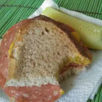 Snapdishの料理写真:vegan salami sandwich with cc and yellow mustard.|Jack Polandさん