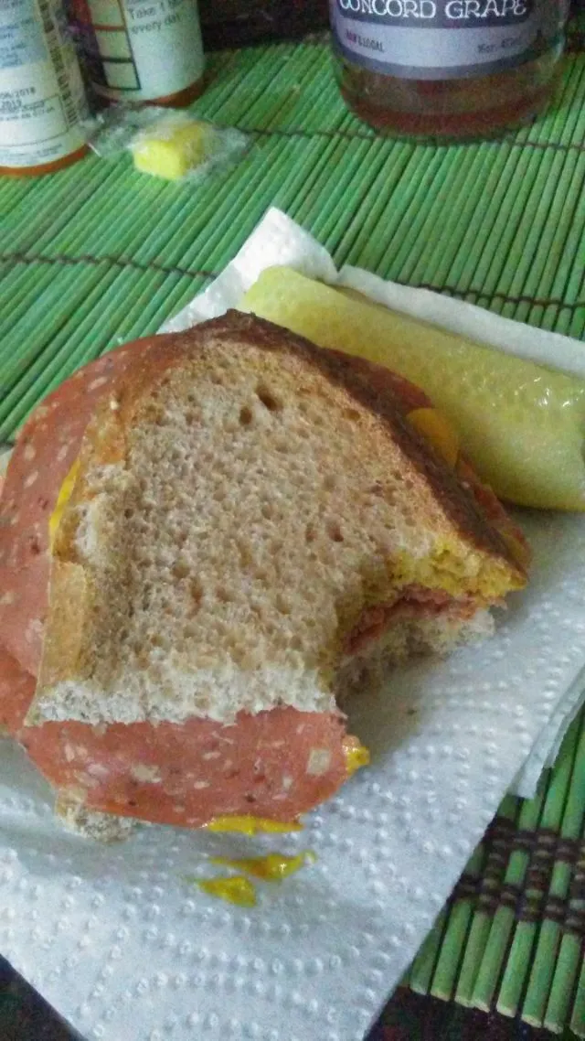 vegan salami sandwich with cc and yellow mustard.|Jack Polandさん