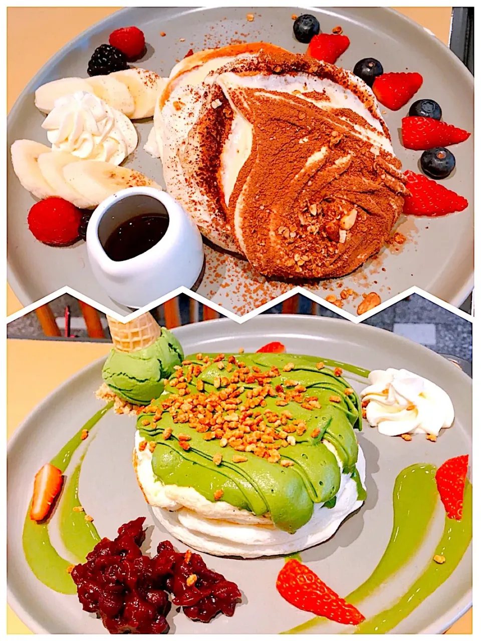 Tiramisu on Pancakes, Green Tea Mousse Pancakes|キノコ🍄さん